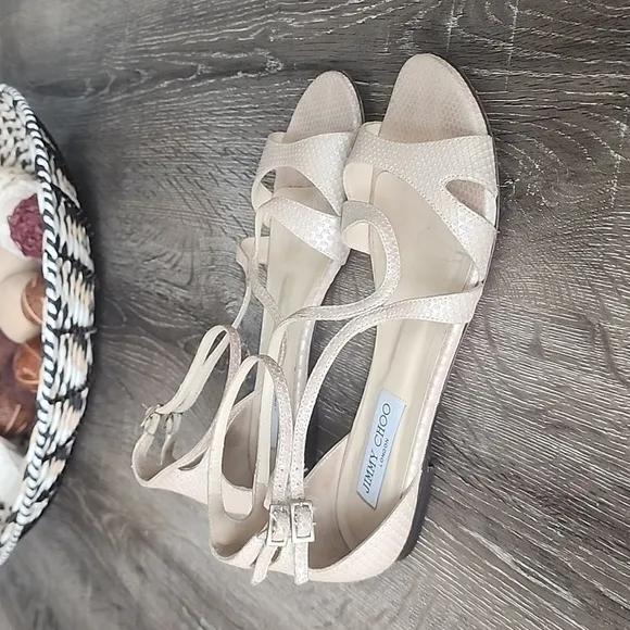 Jimmy Choo London Snakeskin Leather Flat Gladiator Sandals Creamy Tan Nude