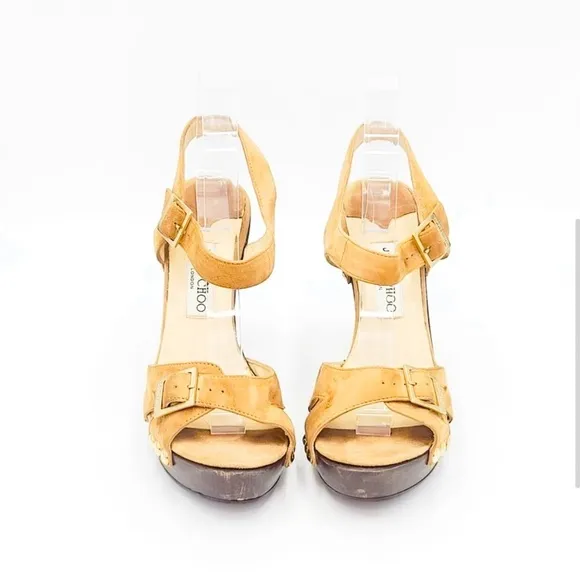 JIMMY CHOO VINTAGE Urban Tan Suede Wooden Clog Gold Stud Heels. Fab! Size 40.