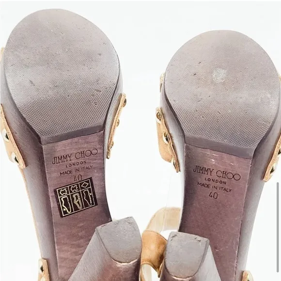 JIMMY CHOO VINTAGE Urban Tan Suede Wooden Clog Gold Stud Heels. Fab! Size 40.