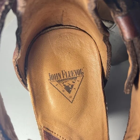 John Fluevog leather platform sandals heels shoes, studded fringe, 6.5