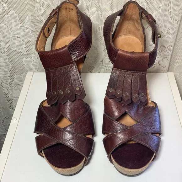 John Fluevog leather platform sandals heels shoes, studded fringe, 6.5