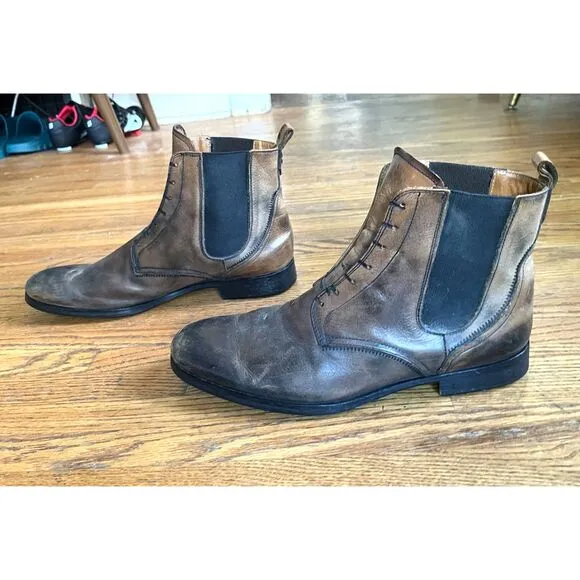 John Varvatos Brown No Lace Up Leather Chelsea Pull Up Boots Shoes   Mens Size 9