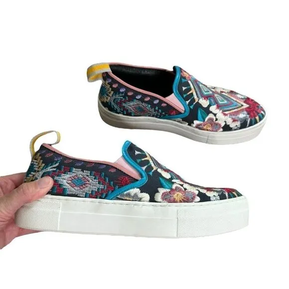 Johnny Was black geometric embroidered slip on platform sneakers size 37 NEW