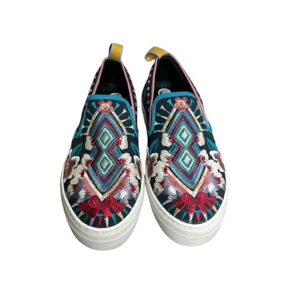 Johnny Was black geometric embroidered slip on platform sneakers size 37 NEW