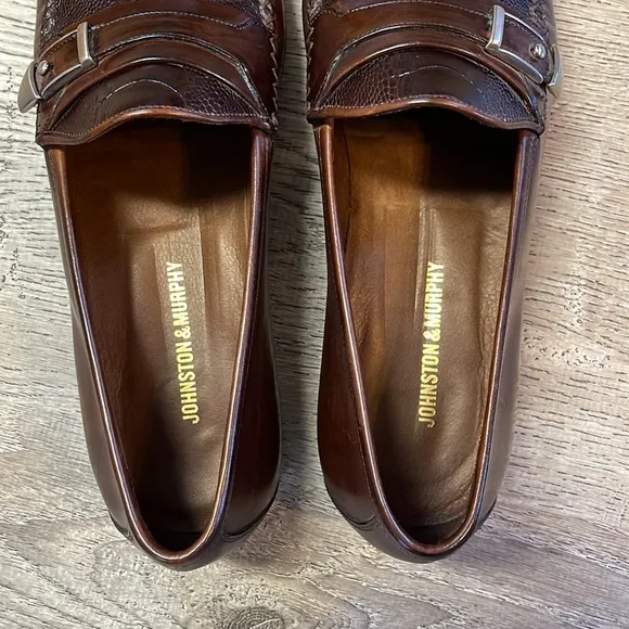 Johnston &amp; Murphy Mens 9.5 Loafers Shoes Faux Snakeskin Brown Slip On Italy Made