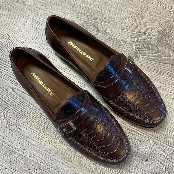 Johnston &amp; Murphy Mens 9.5 Loafers Shoes Faux Snakeskin Brown Slip On Italy Made
