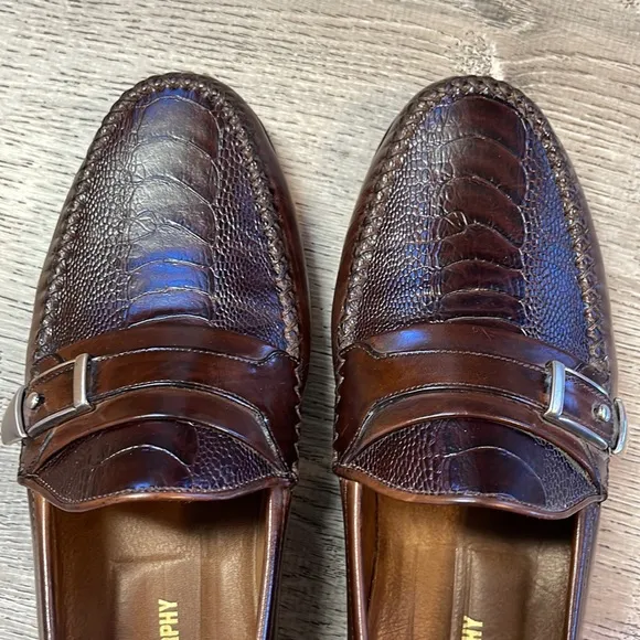 Johnston &amp; Murphy Mens 9.5 Loafers Shoes Faux Snakeskin Brown Slip On Italy Made