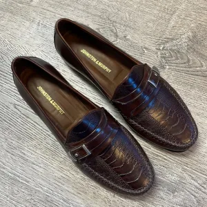Johnston &amp; Murphy Mens 9.5 Loafers Shoes Faux Snakeskin Brown Slip On Italy Made