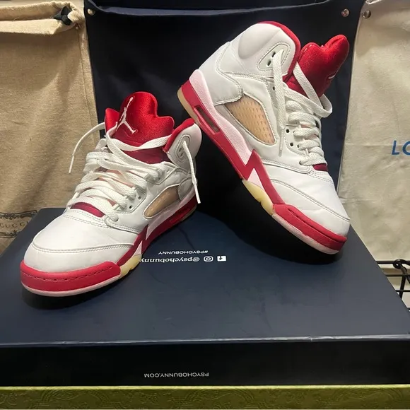 Jordan 5 Red and White High-Top Sneakers