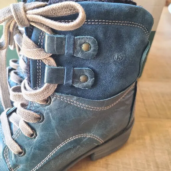 Josef Seibel Sandra Teal Green Leather Boots Womens 37 Lace-Up Fleece Combat NEW