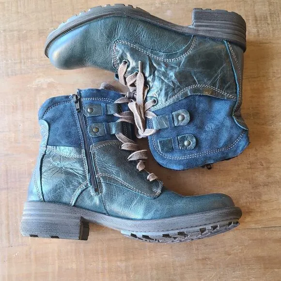 Josef Seibel Sandra Teal Green Leather Boots Womens 37 Lace-Up Fleece Combat NEW