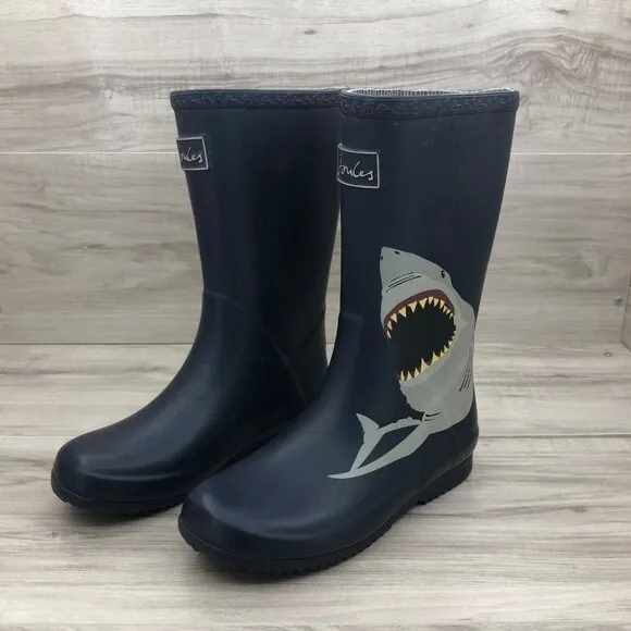 Joules Rain Boots Kids 2 Blue Rubber Slip On Shark Waterproof