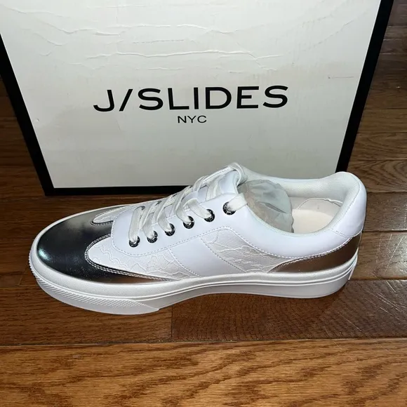 J/Slides NYC Metallic Silver Trim Platform Sneakers White Lace Women’s Size 10