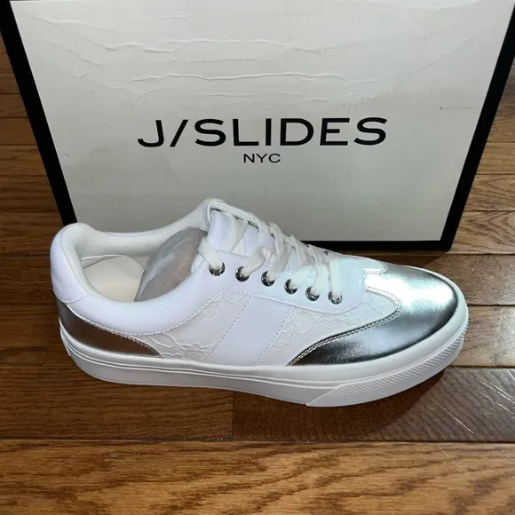 J/Slides NYC Metallic Silver Trim Platform Sneakers White Lace Women’s Size 10