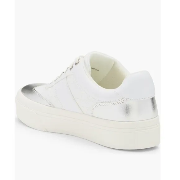 J/Slides NYC Metallic Silver Trim Platform Sneakers White Lace Women’s Size 10