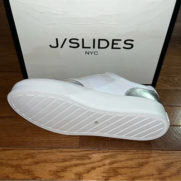 J/Slides NYC Metallic Silver Trim Platform Sneakers White Lace Women’s Size 10