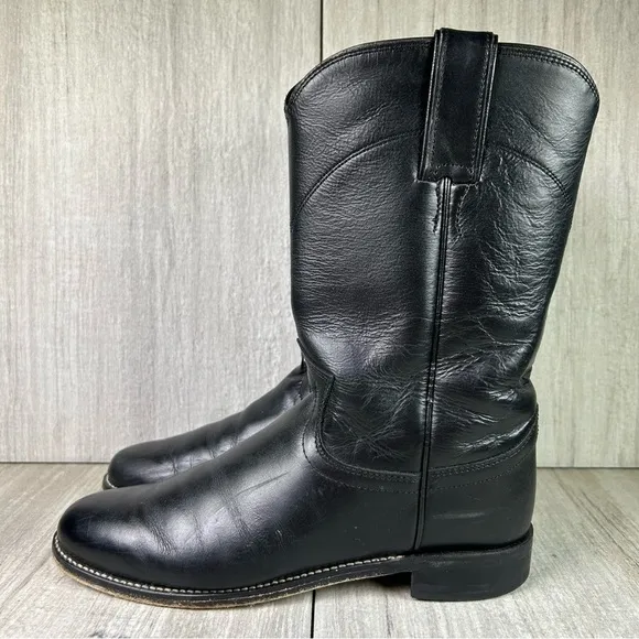 Justin Boots Black Leather Roper Round Almond Toe Cowboy Boot Women’s Size 6.5