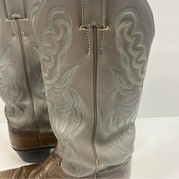 Justin Boots Vintage Leather Cowboy Western Pointed Toe Gray Brown Snakeskin 7.5