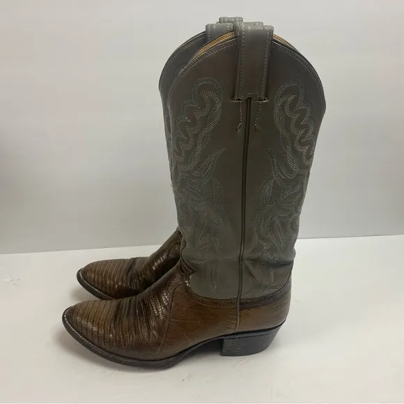 Justin Boots Vintage Leather Cowboy Western Pointed Toe Gray Brown Snakeskin 7.5