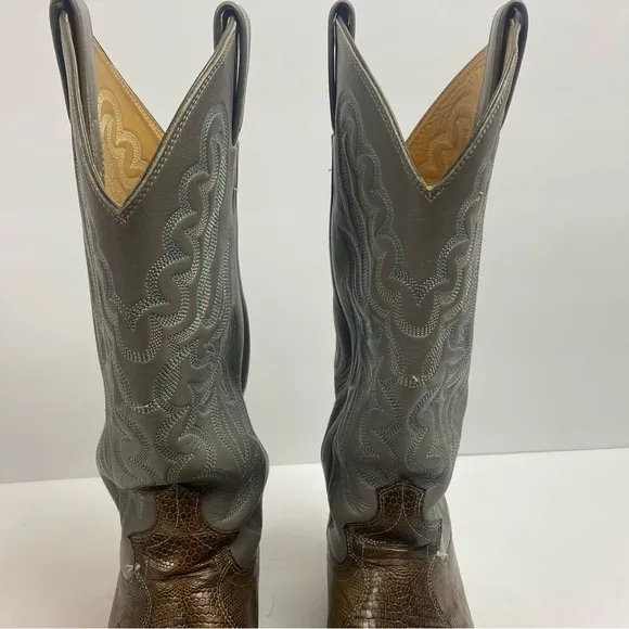 Justin Boots Vintage Leather Cowboy Western Pointed Toe Gray Brown Snakeskin 7.5