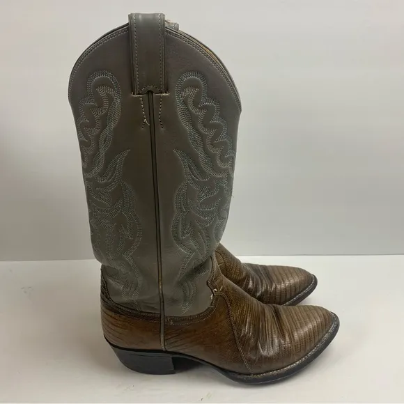 Justin Boots Vintage Leather Cowboy Western Pointed Toe Gray Brown Snakeskin 7.5