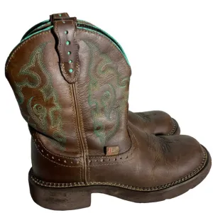 Justin Gypsy Womens Western Leather Two-Tone Brown Teal Trim Round Toe Size 6.5B
