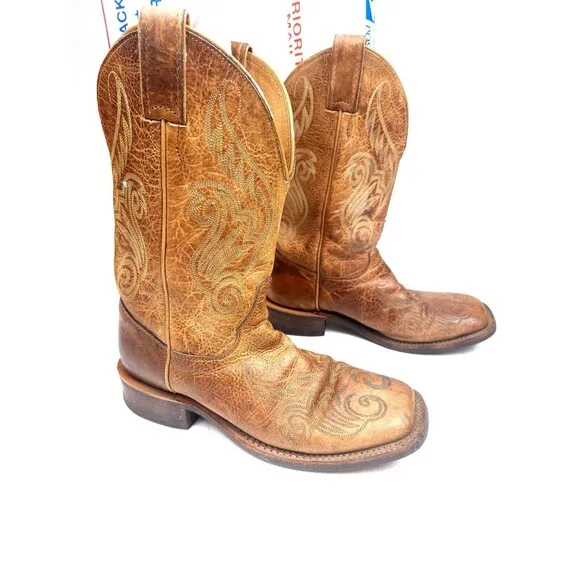Justin Men’s 8.5 B Brown Leather Western Cowboy Boots Square Toe Slip Resistant