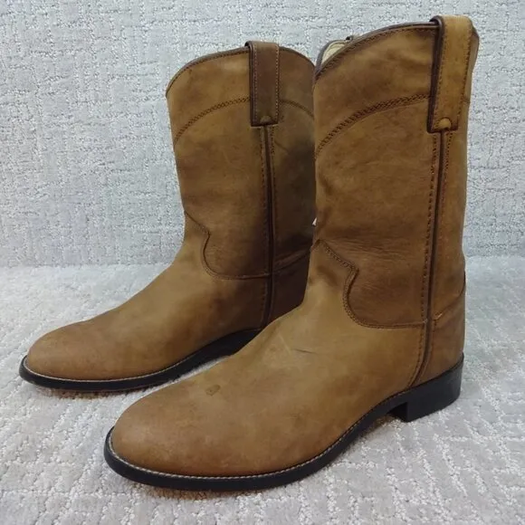 JUSTIN Roper Youth Size 5.5D US Brown Leather Cowboy Western Boots 3410Y