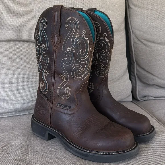Justin Tasha Brown Leather Western Cowboy Boots Steel Toe Round Toe Women’s 7.5B
