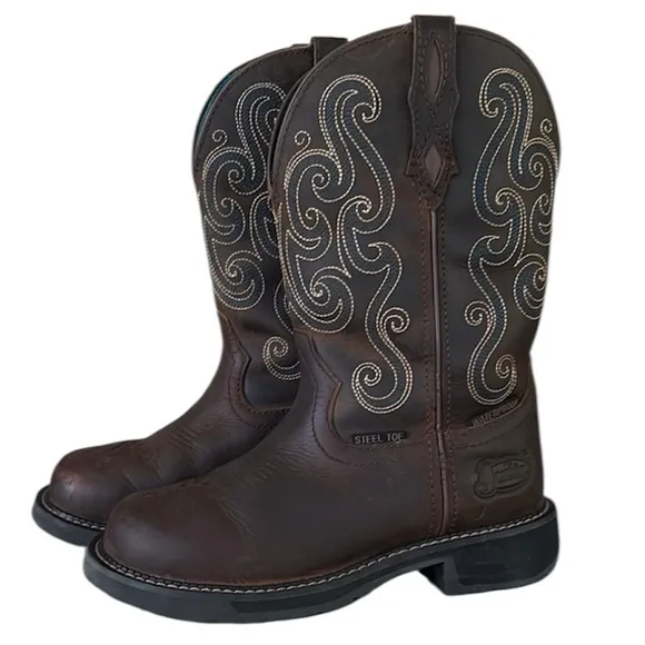 Justin Tasha Brown Leather Western Cowboy Boots Steel Toe Round Toe Women’s 7.5B