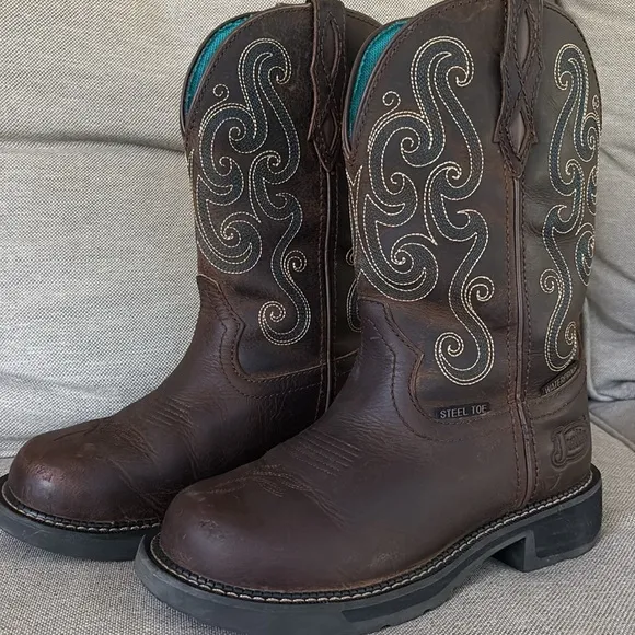 Justin Tasha Brown Leather Western Cowboy Boots Steel Toe Round Toe Women’s 7.5B