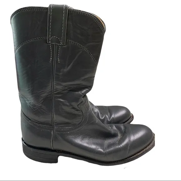 JUSTIN Vintage Gray Leather Boots Almond Toe Mid Calf Height Size 6.5B