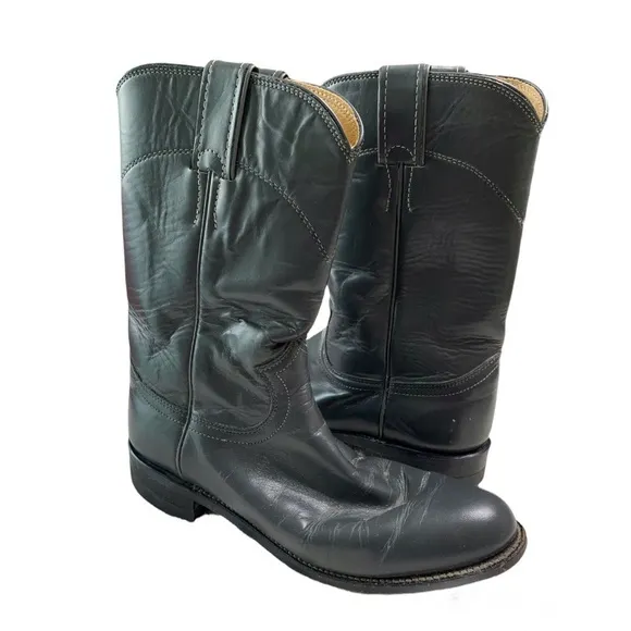 JUSTIN Vintage Gray Leather Boots Almond Toe Mid Calf Height Size 6.5B