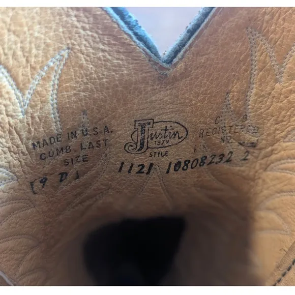 Justin Western Cowboy Boots Leather Detailed Stitching Brown Mens 9 D