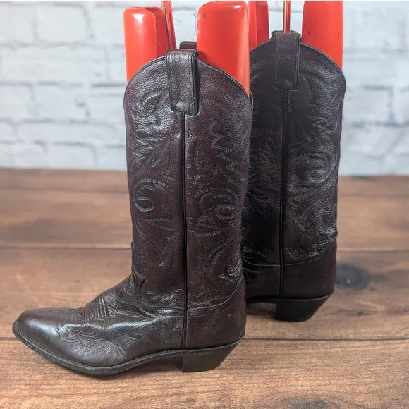 Justin Western Cowboy Boots Leather Detailed Stitching Brown Mens 9 D