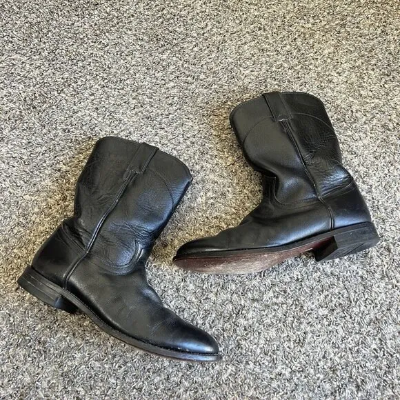 Justin Western Roper Boots Black Leather Mens Size 9 D Cowboy Pull On
