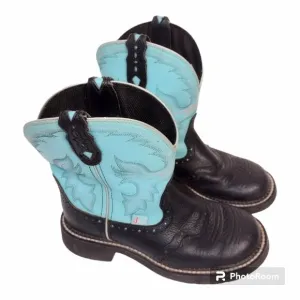 JustinGypsy Collection Leather Upper Ankle Ladies Boots Teal and Black Size 6.5B