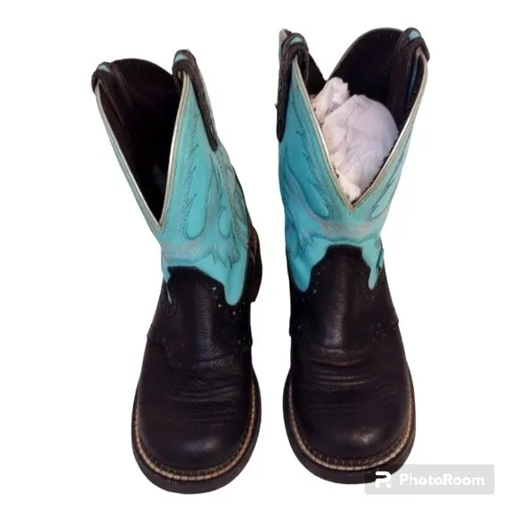 JustinGypsy Collection Leather Upper Ankle Ladies Boots Teal and Black Size 6.5B