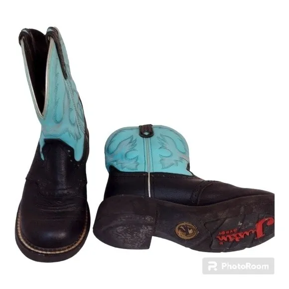 JustinGypsy Collection Leather Upper Ankle Ladies Boots Teal and Black Size 6.5B