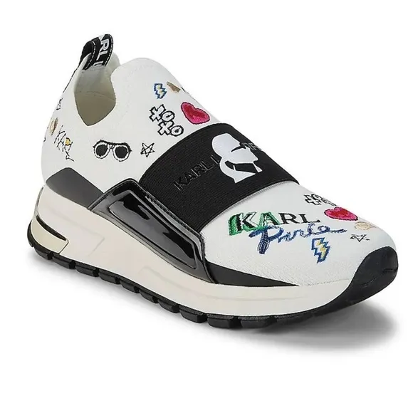 Karl Lagerfeld Paris Mattia Sneaker Logo Wedge Slip-On Knit Fabric Elastic Shoes