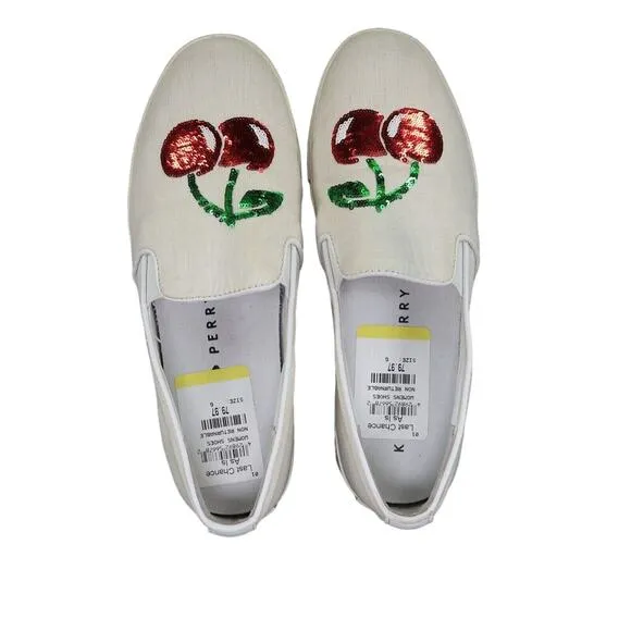 Katy Perry Shoes Womens 6 Sneaker Slip On Casual Cherry Sequin Kerry Flats White