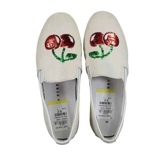 Katy Perry Shoes Womens 6 Sneaker Slip On Casual Cherry Sequin Kerry Flats White