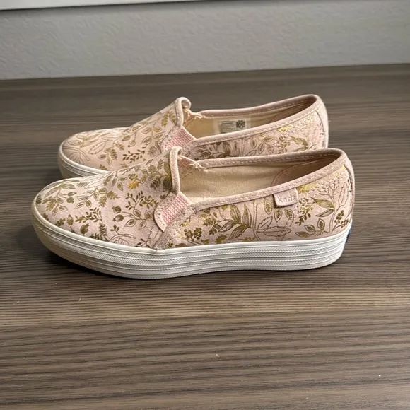 Keds x Riffle Paper Co Blush Gold Metallic Patterned Slip On Platform Sneakers