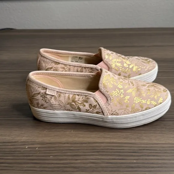 Keds x Riffle Paper Co Blush Gold Metallic Patterned Slip On Platform Sneakers