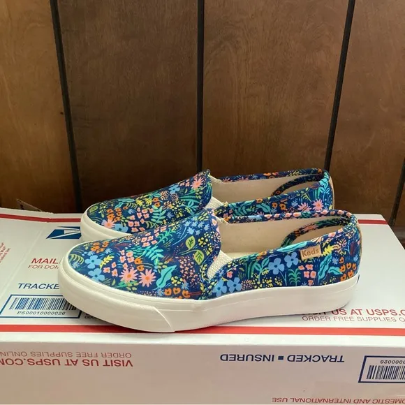 Keds x Rifle Paper Co Slip On Shoes Womens 6 Floral Garden Party Blue Multicolor