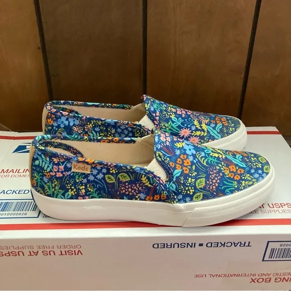 Keds x Rifle Paper Co Slip On Shoes Womens 6 Floral Garden Party Blue Multicolor