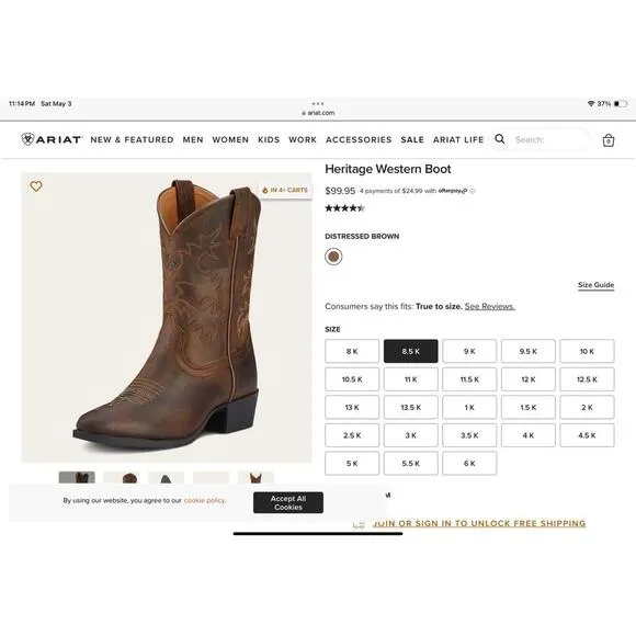 Kid’s ARIAT Heritage Distressed Brown Leather Western Boots. Size 8.5C. Awesome!