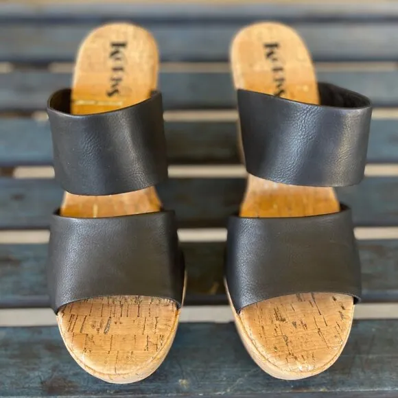 Korks Dezi Platform Sandal 11M Black Cork Block Heel Dual Band Open Toe Slip-On