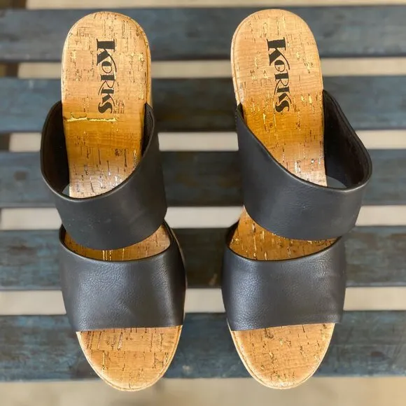 Korks Dezi Platform Sandal 11M Black Cork Block Heel Dual Band Open Toe Slip-On
