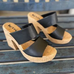 Korks Dezi Platform Sandal 11M Black Cork Block Heel Dual Band Open Toe Slip-On
